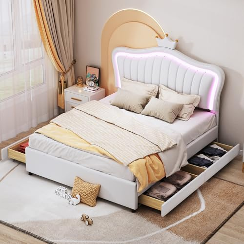 Rtopsu Polsterbett Doppelbett 140x200 cm mit Kronen LED-Kopfteil, Kinderbett Jugendbett mit 4 Stauraum Schubladen, Bett Bettgestell mit Metallrahmen und Lattenrost aus Holz, PU, Weiß, Ohne Matratze