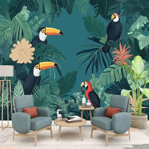 Fotomural Plantas de la selva y pájaros 400 x 280 cm Fotomural Arte rupestre, Mural fotográfico de selva tropical Decoración para salón Habitación infantil