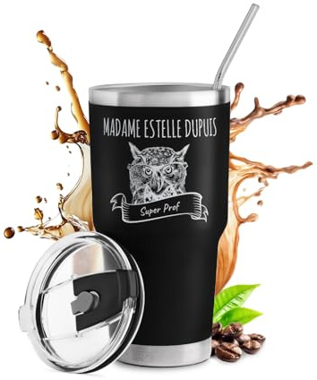 Maverton Mug Isotherme Personnalisable Noir en Acier Inoxydable 800 ml | Mug Personnalisé Maitresse avec 2 Pailles et Brosse, Cadeau Maitresse d'École fin d'année, Cadeau Prof Super Prof