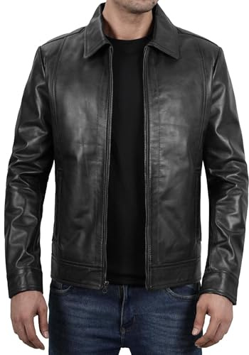 CHAYELL Veste en cuir pour homme en véritable peau d'agneau, vestes en cuir de style classique vintage pour hommes, Noir , XL