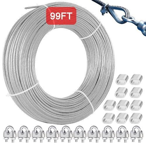 2mm 30m (98ft) Stainless Steel Wire Rope, PVC Coated 304 Steel Cable with 10 Wire Rope Clamps, Durable Steel Cable for Curtain Rods, Clothesline, Plant Support, String Lights, and Hanging Lights