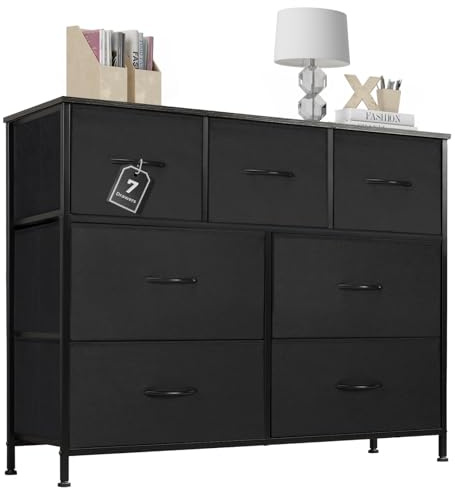 Sweetcrispy Kommode mit Stoff - Schubladen, Sideboard mit 7 Stoff-Schubladen, Schubladenschrank, Organisationsmöbel für Küche, Büro, Flur, TV-Schrank mit Schubladen, Schwarz