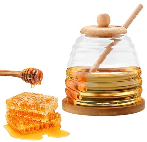 Dispenser per Miele,YouXiaor Barattolo Miele Vetro Contenitori per Miele Dosatore Miele Porta Miele Vasetto per Miele Bocca larga Dosatore Miele Dispenser Barattolo Miele Trasparente Vasetto per Miele