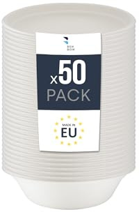 BenBow Bol Desechable de Bagazo 750ml Unidades x 50, Cuencos Desechables, Platos para Sopa, Biodegradable, Resistente al Calor hasta 95°C, Ideal para Catering, Con Tapa