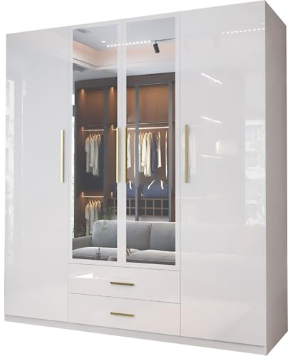 MN Furniture High Gloss 4 Door Hinged Wardrobe with Mirror, Drawers Shelves & Hanging Rails, Freestanding Bedroom Storage (White, 160cm)