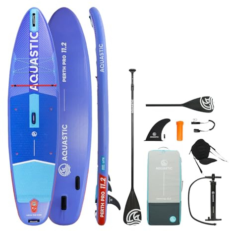 AQUASTIC Stand Up Paddling Board Perth PRO 11'2 Aufblasbares SUP Board mit montierbarem Sitz inkl. Kajak-Sitz, 9-Zoll Slide-In Finne & Rucksack – Ideal für Einsteiger und Freizeitpaddler.