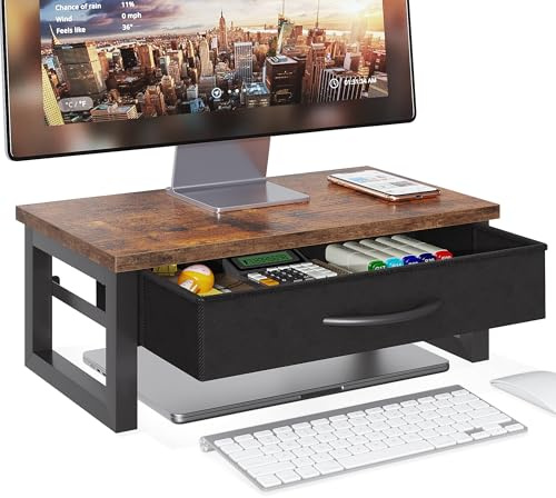 HEWORLIF Computer Monitor Stand Riser with Drawer, 2-Tier Desk Accessories & Workspace Organizers, Laptop Stand for Desk with Storage, Office Organization, Wood