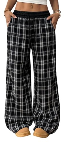 GORGLITTER Y2k Pantalon à carreaux élégant pour femme - Jambes larges - Pantalon de loisirs taille haute - Pantalon large avec cordon de serrage - Pantalon en tissu avec élastique, Noir/blanc, M