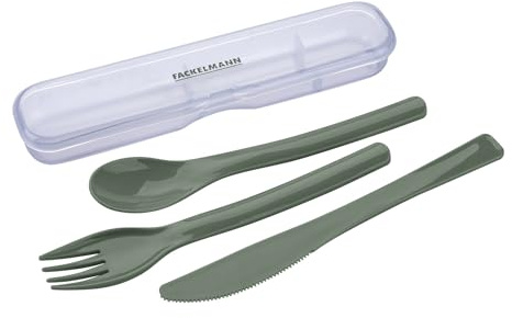 FACKELMANN Besteck-Set To Go, 4-teiliges Set aus Gabel, Löffel und Messer, gut für Reisen und Kinder, spülmaschinenfest, mit Transportbox, Grün