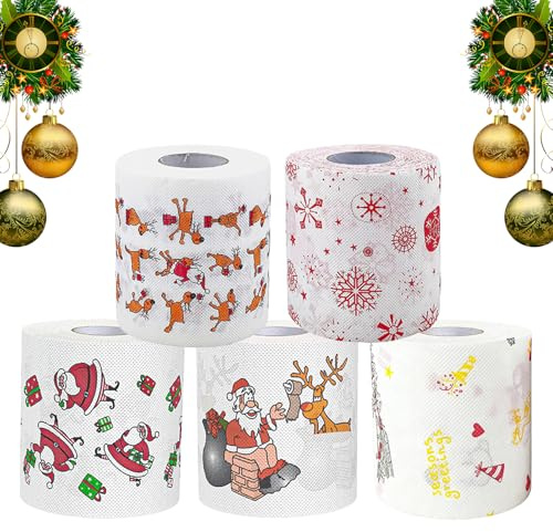 5 Rollen Weihnachts Toilettenpapier,Lustige Weihnachten Toilettenpapier Duft,Lustige Neuheit Toilettenpapierrollen Motiv,Lustiges Geschenk für Christmas,Weihnachtsbedarf Fröhlich Festlich Blumenpapier