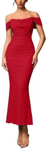 Elegantes Damen Abendkleid mit Fischgrätenmuster Figurbetontes langes Partykleid Netzstoff Rüschen Rückenfrei Schulterfrei Sexy Maxikleid für besondere Anlässe