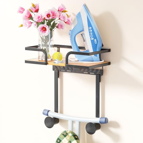 REFGY Ironing Board Hanger Wall Mount with Natural Wood-Texture Shelf, Adjustable Iron Board Holder for T & Y Leg Boards, Heavy Duty Laundry Room Organization and Storage Rack, Black