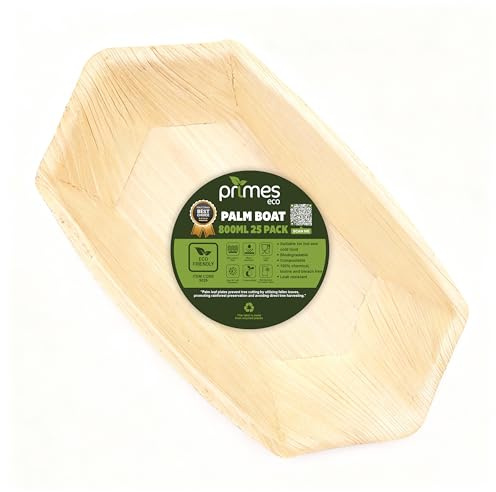 PRIMES ECO 25 Pack 800ml Palm Leaf Boat Serving Trays – Natural Eco-Friendly Disposable Tableware, Biodegradable, Compostable, Microwave & Freezer Safe Plates for Hot & Cold Food