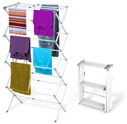BLACK+DECKER 4-Tier Expandable Collapsible Clothes Drying Rack, Telescopic Height, Foldable Space-Saving Laundry Air Dryer for Towels, Shirts & Delicates – Durable Steel, No Tools Needed