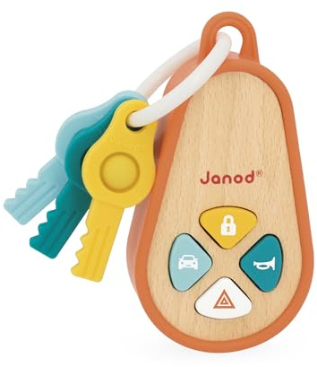 Janod – Klangvoller Schlüsselanhänger für Babys aus Holz und Silikon mit 4 Klängen und 3 Schlüsseln – Rasselspielzeug mit Autoschlüsseln – Feinmotorik – Ab 18 Monaten