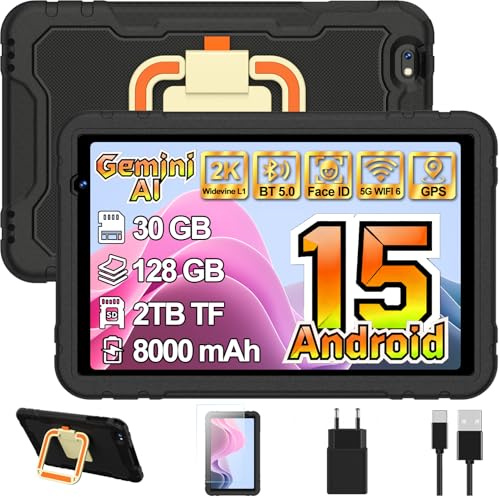 Tablette enfants 10 Pouces Android 15 avec Gemini AI, 30GO + TF 2TO - Noir | EVA Étui de Protection Antichoc + 360° Support, 8000 mAh, Widevine L1, Octa-Core 2.0Ghz, GPS, Face ID, 5G WIFI, BT 5.0