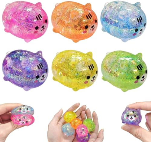 6 Stück Glitter Kitties Stressball Fidget Toys, Cute Antistressball, Squishy Spielzeug, Kitties Stressbal-l, Glitzernde Antistress Spielzeug Squishy, Stress-Ball-Squishy Mitgebsel, für Gastgeschenke