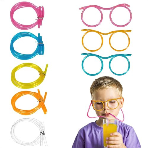 5Pcs Silly Straws Glasses - Set of 5 Plastic Straw Glasses, Easy to Use and Clean, Food-Safe Material and Adjustable Length, Reusable Straw for Birthdays, Celebrations and Parties & Events