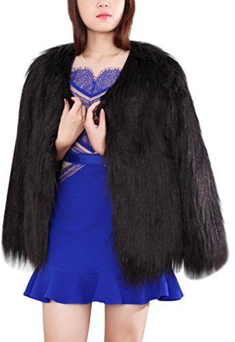 LaoZan Damen Faux Fur Kunstfell Jacke Kurz Mantel Coat Kunstfell Dick Fell Mantel Einfarbig Slim Fit L Schwarz