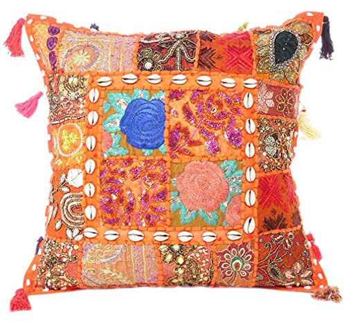 Eyes of India - Colores Decorativos Sofá Manta Patchwork Cojín Sofá Almohada Funda Bohemio Adorno India Boho Elegante Hecho a Mano Cubierta - Naranja, 20 X 20 in. (50 X 50 cm)