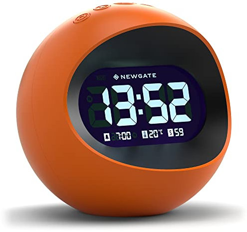 NEWGATE® Centre of the Earth alarm clock | Round retro digital lcd clock | Orange | Ideal for bedside, desk or shelf | Retro bedroom & office accessory