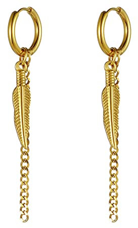 JewelryWe Schmuck Ohrringe Creolen mit Feder Blatt und lange Kette Anhänger Edelstahl Hängend Ohrhänger Huggie Ohrstecker Geschenke für Herren Damen Gold