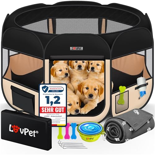 LOVPET® Welpenlaufstall Tierlaufstall Faltbar für Kleintiere Hunde, Katzen Inkl. Hundenapf und Fleece Decke Hundelaufstall Freigehege Oxfordgewebe Pop-up System Indoor & Outdoor, Schwarz/Beige