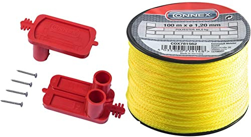 Connex Maurerschnurspanner 1 Paar Aus bruchfestem Kunststoff COXT781581 & Maurerschnur gelb 100 m Länge Ø 1,2 mm & Belastbar Auf Spule Richtschnur Bauschnur Lotschnur Pflasterschnur COX781562