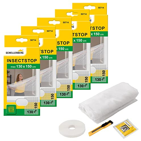 Schellenberg 5er Spar-Pack 50714 Fliegengitter für Fenster, Insektenschutz ohne Bohren, zuverlässiger Schutz gegen Mücken und Fliegen, inkl. Befestigungsband, 130 x 150 cm, weiß