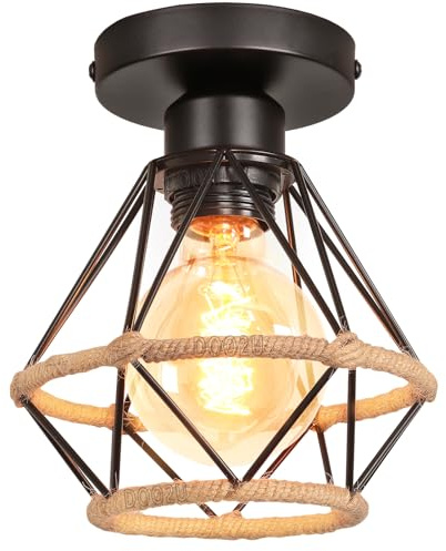PETITES ECREVISSES Lámpara Colgante Vintage E27 Lámpara de Techo Colgante industrial Metal con Cuerda de Cáñamo Retro Diseño Jaula 160mm para Dormitorio Café Salón Pasillo (lámpara - 1 pieza)
