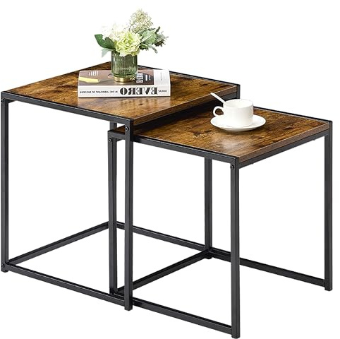 Vida Designs Brooklyn Nest of Tables 2 Piece Set Coffee Side End Tables Industrial Rustic Living Room Furniture (Dark Wood)