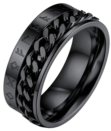 FaithHeart Gothic Black Chains Rings Viking Jewellery Norse Runes Amulet Anxiety Rings Stainless Steel Fidget Ring for Family Partners Size Z+1
