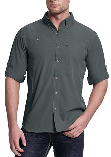 33,000 fot safari-skjorta herr långärmad sportskjorta UPF50 UV-skydd funktionell skjorta andas button-down skjorta med fickor för vandring fiske resor, Ren grå, L