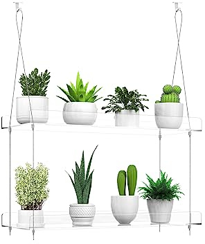 ZerzSemp Hängende transparente Pflanzenregale für Fenster, 2-stöckiges Acryl-Fensterwand-Pflanzenständer-Regal für Küchenfenster, Innengärten, Blumen, Kräuter, Sämling-Organisation und Pflanzentöpfe