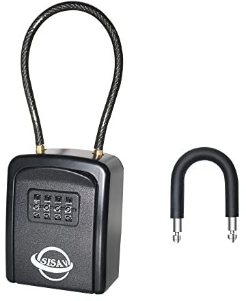 SISAV 4 Digit Portable Lock Box,Set Your Own Combination,With Removable Cable and Shackle for home office Realtor(Black)