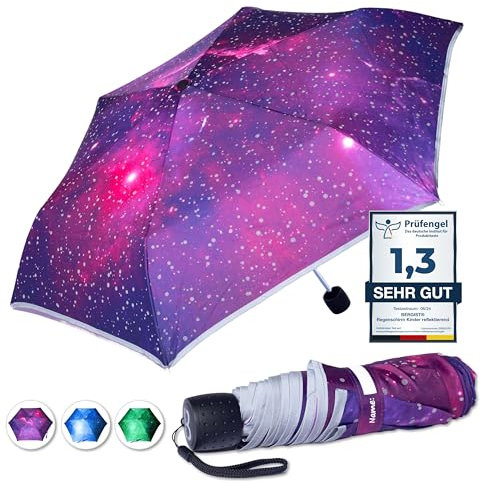 BERGIST Regenschirm Kinder reflektierend - Schulranzen Kinderschirm ultraleicht - Schirm für Mädchen & Jungen - Galaxie Lila