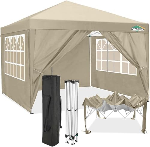 COBIZI Tenda a baldacchino pieghevole con 4 pareti laterali, impermeabile, commerciale, istantanea, per feste, matrimoni, cortile, con borsa per il trasporto (3 x 3 m con 4 lati, kaki)