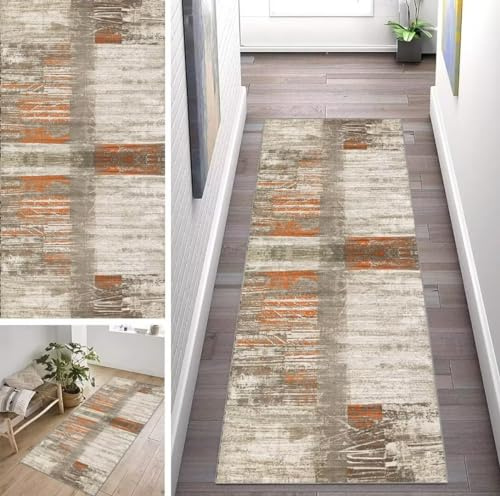 ZUZEKU Abstrakt Boho Läufer Flur Küche Waschbar rutschfest 70X150cm Lang Grau Vintage Küchenteppich Flurteppich Teppich Fur Korridor Wohnzimmer Schlafzimmer Meterware Anpassbar