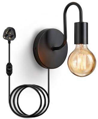 Lightess Plug in Wall Light Dimmable with Switch Black Retro Industrial E27 | Wall Sconce with Cable, Stepless Dimming, Black Metal Base, Bedroom Bedside Living Room, E27 Socket No Bulb