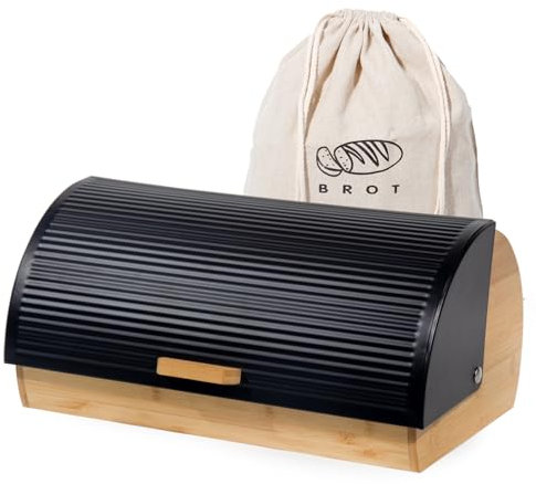 GREELUE Brotkasten Metall Holz, Brotbox Schwarz, Brot Aufbewahrungsbox groß, Brotkorb mit Deckel, Bread Box Küche, Brotbeutel (Schwarz-39cm)