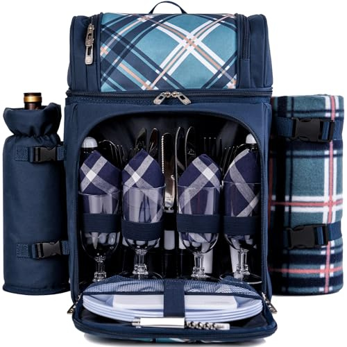 ALLCAMP Picknickkorb, Rucksack-Kühler für 4 Personen, mit 2 isolierten Kühlfächern, abnehmbarem Flaschen-/Weinhalter, Fleecedecke, Teller und Besteck für Familien, Paare und Freunde (blau)