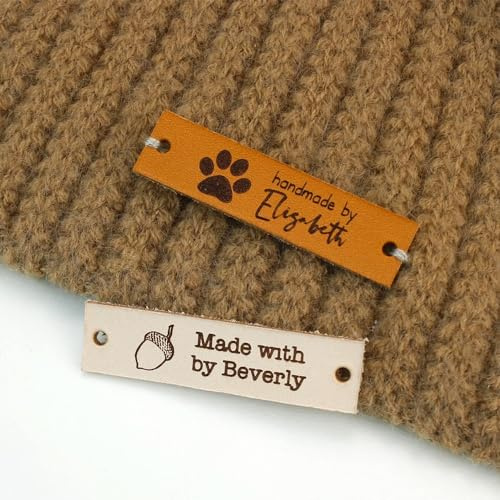 25 Stück Label Leder Personalisiert Aus Leder Mit Logo/Text, Kleider Etiketten, Personalisiert Handmade Label Zum Annähen, DIY Hüte Taschen Nähen Zubehör (12.5 X 50mm)