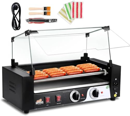 Machine à rouleau Hot Dog – Cuisinière à saucisses commerciale de 1000 W avec double contrôle de température, rouleau antiadhésif, plateau d'égouttement amovible et couvercle – Parfait chauffe-hot dog