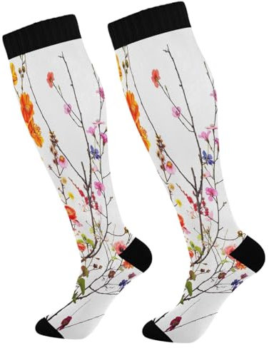 JUMBEAR Schöne bunte Blumen-Kompressionsstrümpfe für Damen und Herren (2 Paar), rutschfest, lange Strümpfe, ideal für Laufen, Krankenschwester, Reisen, Flug, Schwangerschaft, 2 Paar, One size