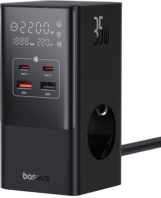 Baseus 35W USB C Steckdosenleiste GaN5 Ladegerät 3-Fach Steckdose mit Schalter, 3 AC + 2 USB C + 2 USB A, Tragbar PD-Ladegerät für MacBook, iPad, iPhone 15/14/13/12, Galaxy, Spiel, Zuhause, Büro