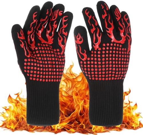 M METERXITY Grillhandschuhe hitzebeständig BBQ Handschuhe, 1472°F hohe Temperaturbeständigkeit Silikon feuerfeste Handschuhe, Grillhandschuhe für Outdoor Grill [Rot/Schwarz]