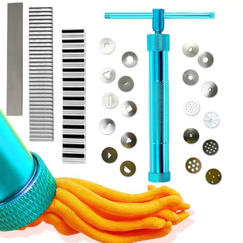 AMANDELIZABE Prensa para fondant con 20 formas de pasta de azúcar extrusora con herramientas para decoración de tartas, 3 cortadores de arcilla de acero inoxidable, cuchillas de corte de arcilla