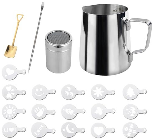Brocca per latte con 1 cucchiaio quadrato dorato, 350 ml, 12 once, bricco per latte in acciaio inox, bricco per latte barista e penna decorativa per la preparazione del caffè