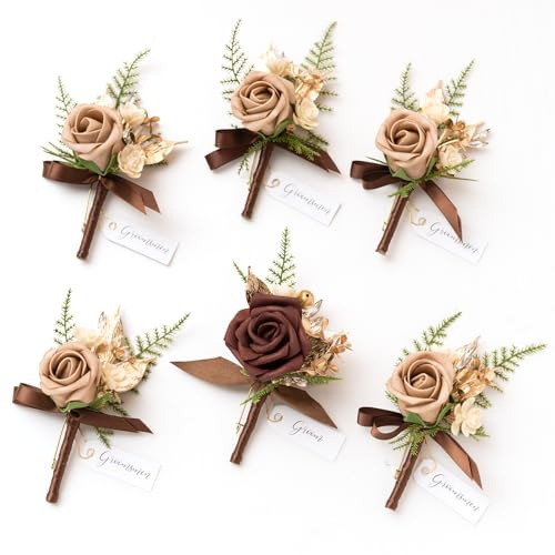 Ling's moment Boutonniere for Men, 6pcs Groom Groomsmen Boutonniere, Artificial Flowers for Wedding Decor/Prom/Homecoming, etc.Walnut Brown
