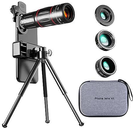Phone Camera Lens Kit, 4 in 1 Phone Lens Kit with 28X Telephoto Lens, 198° Fisheye Lens, 0.6X Wide Angle Lens, 20X Macro Lens, Clip, and Tripod, for Most Smartphone